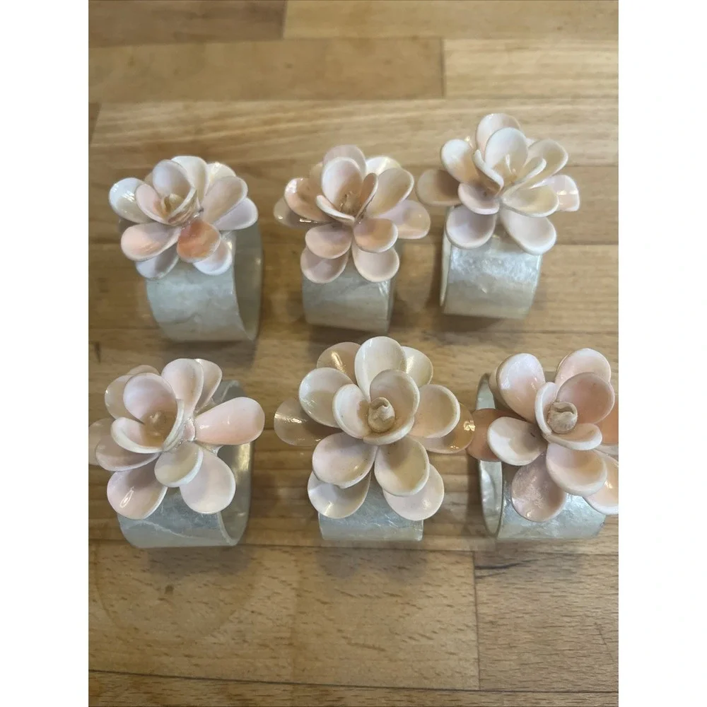 Vintage Capiz Shell Napkin Rings Pink/ Pearl Floral Design Set Of 6 Elegant
